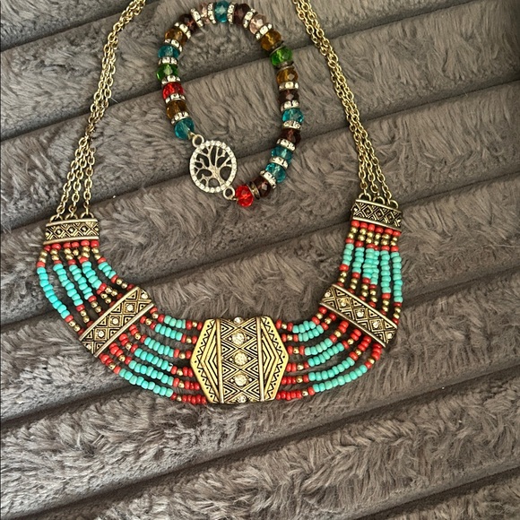India Boutique Turquoise and Red Beaded Necklace Set - Picture 2 of 5